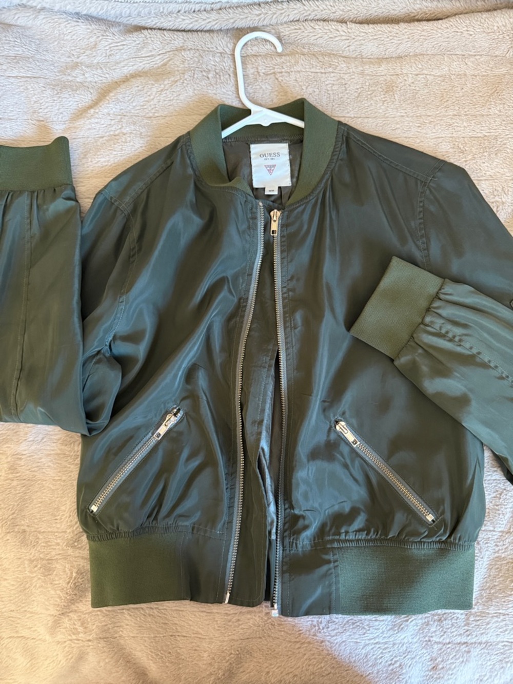 Guess Olive Green Satin Bomber Jacket